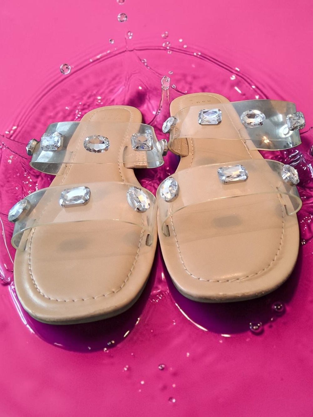 a new day Nude Clear Jeweled Slide Sandals Summer Womens Shoes Size 9 Cute